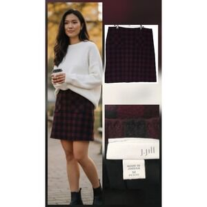 J. JILL Med Red Plaid Pencil Skirt Stretchy Viscose Rayon SIZE M‎ Lined Holiday
